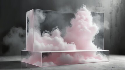 Volumetric fog surrounding a pink cloud of smoke on a white pedestal in a dark room, black background, video art style
