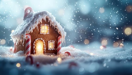 A festive gingerbread house nestled in a snowy winter scene, with candy cane pillars, icing icicles, and a glowing light emanating from the candy windows