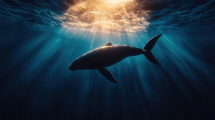 Obraz premium Ghostly silhouette of a whale in the distance, barely visible in the deep blue, creating a haunting and majestic underwater scene