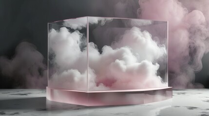 Volumetric fog surrounding a pink cloud of smoke on a white pedestal in a dark room, black background, video art style