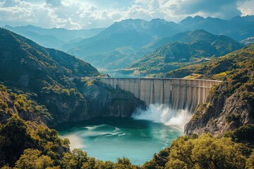 Fototapeta premium Panoramic shot of a valley with a hydropower dam, capturing the scale and impact of sustainable energy technology. Copy space for text, No logo, No Trademark, No text