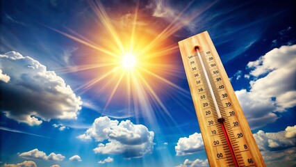 Thermometer against bright summer sun, symbolizing hot weather and high temperatures , heat, thermometer, summer, sun, high