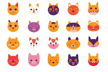Fototapeta premium Playful Cat Face Illustrations in Bright Colors, Perfect for Creative and Fun Stationery or Home Decor