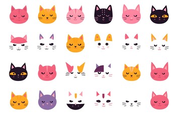 Assorted Cat Faces with Different Expressions, Ideal for Whimsical Decor or Cute Stationery Patterns