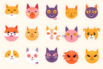 Collection of Cute Cat Faces in Various Expressions, Perfect for Playful and Creative Decor or Stationery Designs