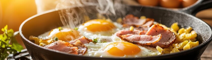 A hearty breakfast scene featuring big slices of ham sizzling in a castiron skillet, with eggs and hash browns cooking beside it