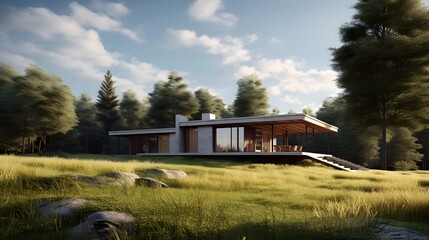 Obraz premium Modern Architectural Home Surrounded by Nature, Combining Contemporary Design with Natural Serenity