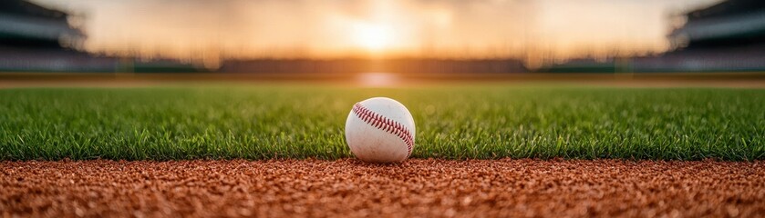 a baseball resting on the field as the sun sets, creating a picturesque and serene sports atmosphere.