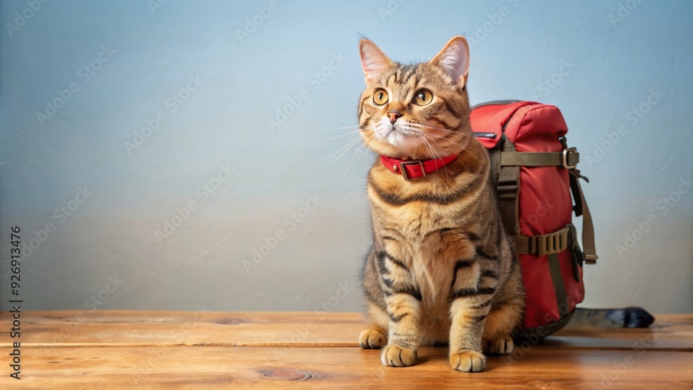 Wall mural Adorable cat with backpack and camera ready to explore the world, cat, cute, traveler, spring, adventure, camera, backpack, explore