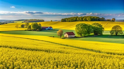 Green and yellow farm fields with blooming canola rapeseed in Sk?ne Sweden during spring , agriculture, landscape, scenic