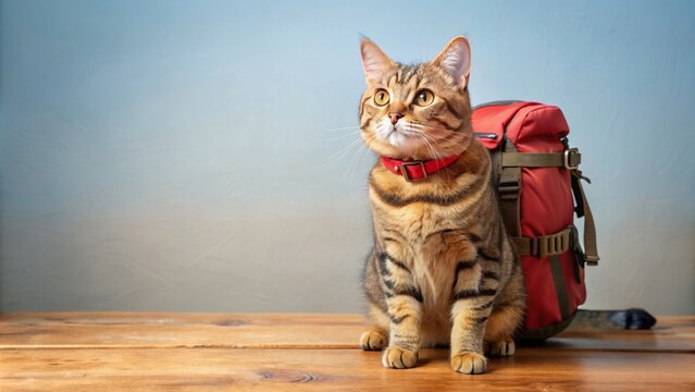 Adorable cat with backpack and camera ready to explore the world, cat, cute, traveler, spring, adventure, camera, backpack, explore