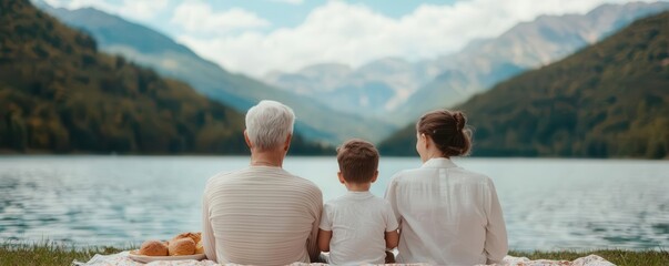 A serene family moment by the lake, showcasing love and togetherness against a picturesque mountain backdrop.