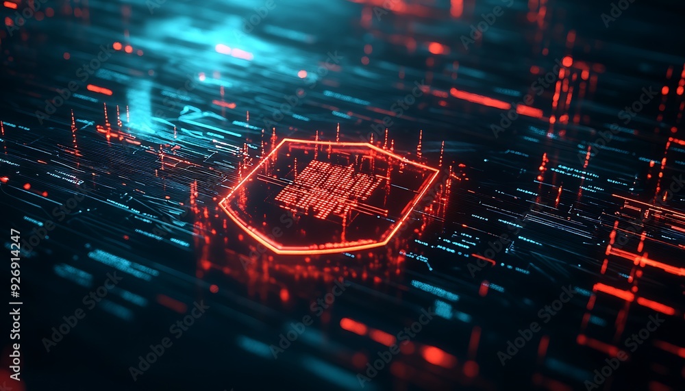 Poster visualization of secure network with protective shield deflecting cyber threats