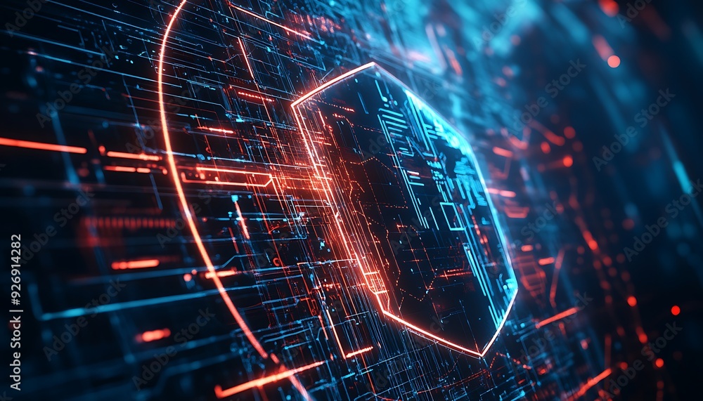 Poster visualization of secure network with protective shield deflecting cyber threats
