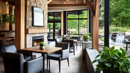 Fototapeta premium A cozy coffee shop by river waterfall, wooden beams and stone accents