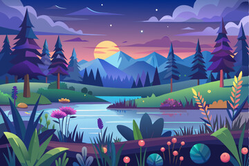 Serene Evening Landscape with Mountains, Lake, and Forest