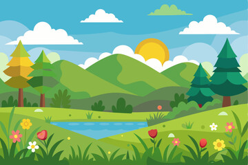 Obraz premium A Sunny Meadow with Mountains, Trees, and a Winding River