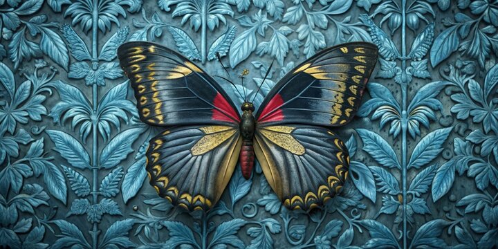?lgem?lde eines Schmetterlings in Gold, Schwarz, Blau, Rot und Grau auf Leinwand , Schmetterling, ?lgem?lde, Kunst, Leinwand, Gold
