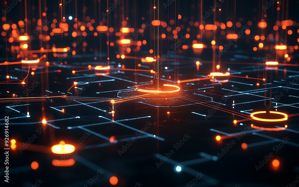 Poster futuristic network diagram showing interconnected servers with advanced security