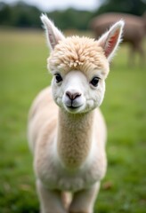 Obraz premium A close up portrait of a cute white lama in a grassland field.