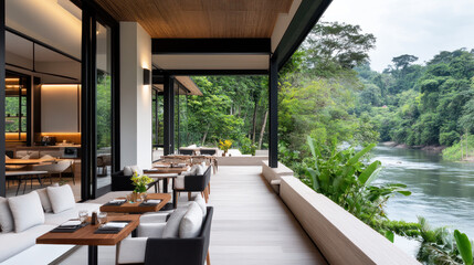 Fototapeta premium A house with outdoor seating areas by lush jungle, nature architecture