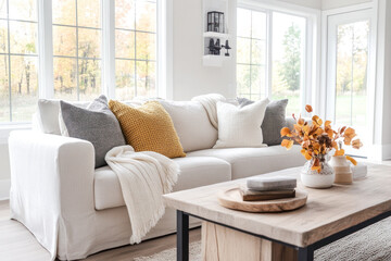 Fototapeta premium Modern house interior living room sofa with brown chunky knit pillows