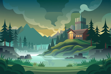A Misty Mountain Landscape with a Cabin and a Factory in the Distance