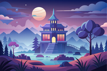 Nighttime Landscape with a Japanese-Style Pagoda on a Lake