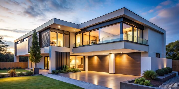 Modern house with sleek architecture illuminated in the evening light , contemporary, home, architecture, evening, illuminated