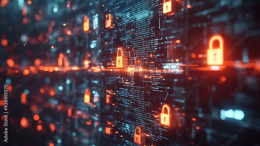 Poster visualization of encrypted data with glowing locks and keys in a high-tech environment