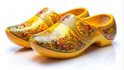 Traditional yellow dutch wooden shoes with intricate designs , clogs, footwear, Holland, Netherlands, Dutch culture, vintage