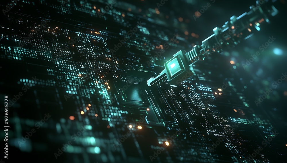 Poster close-up of digital encryption key securing data streams in a high-tech environment
