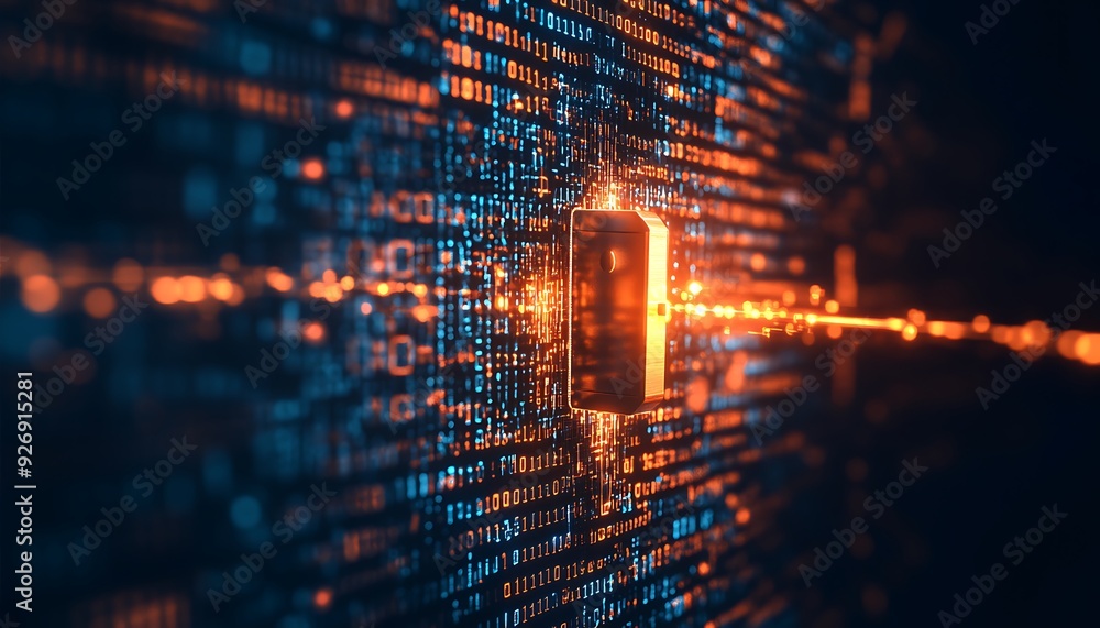 Poster close-up of digital encryption key securing data streams in a high-tech environment