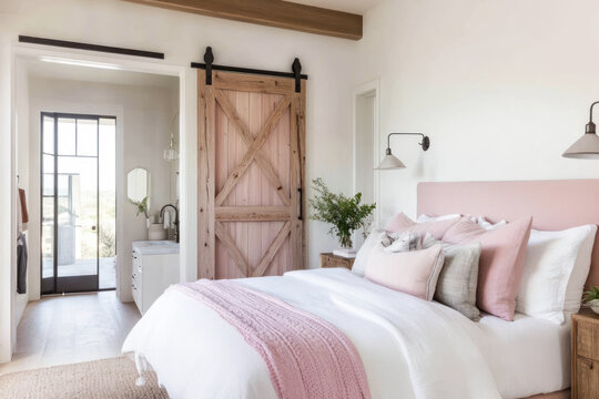 Modern house interior bedroom antique headboard, pink accent