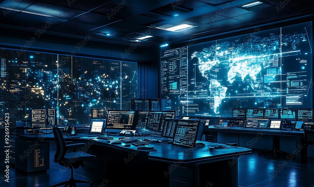Aufkleber High-Tech Control Room Monitoring Real-Time Encryption Processes and Threat Detection