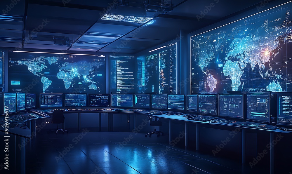 Poster high-tech control room monitoring real-time encryption processes and threat detection