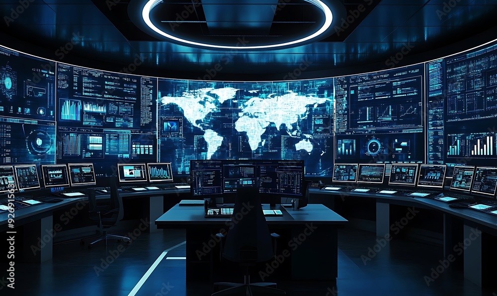 Poster high-tech control room monitoring real-time encryption processes and threat detection