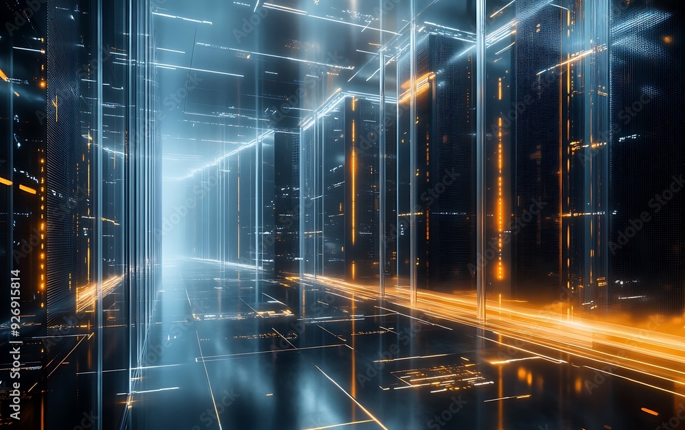 Aufkleber Futuristic Data Center with Encrypted Data Streams Flowing Through Secure Servers