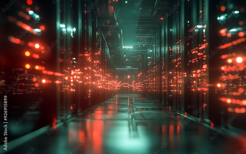 Poster futuristic data center with encrypted data streams flowing through secure servers