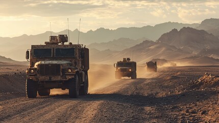 Military vehicles drive through dusty landscape, showcasing strength and resilience. scene evokes sense of determination and purpose. 