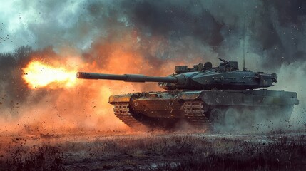 A powerful tank fires amidst dramatic explosion, showcasing strength and intensity. scene evokes sense of action and urgency. 