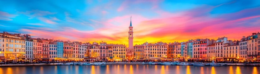 Obraz premium A vibrant sunset casts colorful reflections over the harbor, highlighting historic architecture and a prominent clock tower.