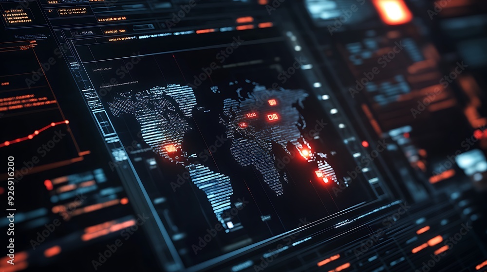 Fototapete high-tech cyber security dashboard with real-time threat detection and alerts