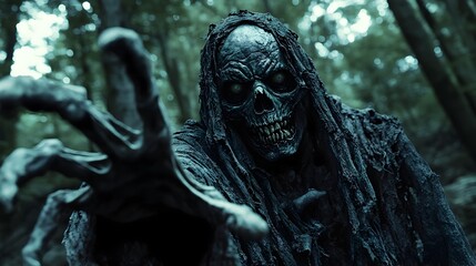 Ominous Grim Reaper Looming in Haunting Moonlit Forest Landscape