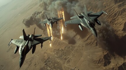 Three military fighter jets flying in formation, showcasing power and precision in dramatic aerial scene. image conveys sense of action and intensity. 