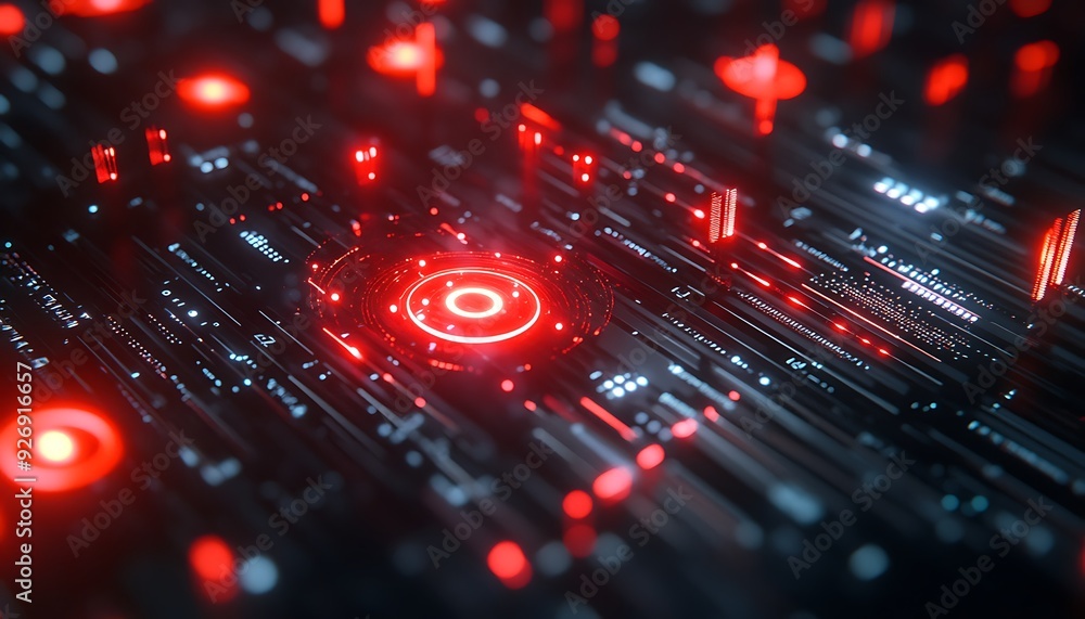 Leinwandbilder Close-Up of Digital System Detecting Cyber Threats with Red Warning Symbols