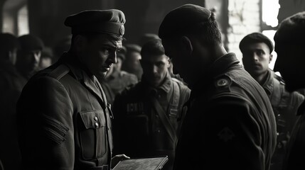 Fototapeta premium A tense moment among soldiers in dimly lit room, showcasing their serious expressions and camaraderie. 