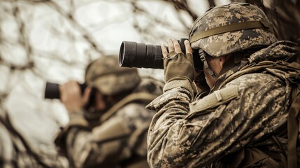 Fototapeta premium Two soldiers photographing military photography camouflage uniforms focused expression outdoor setting 