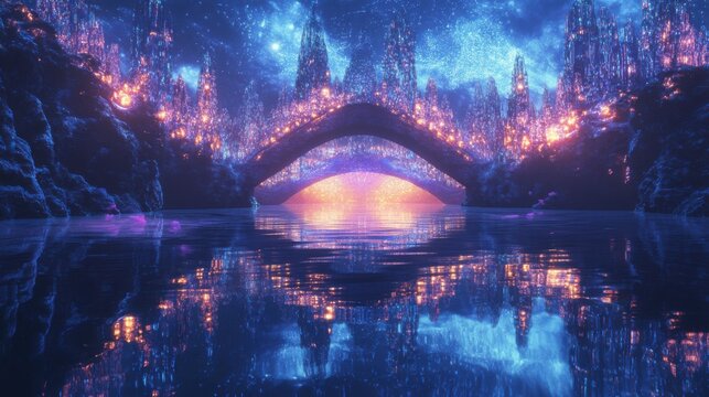 Illuminated Connection: Parallel Universes Linked by Glowing Bridge - 3D Illustration
