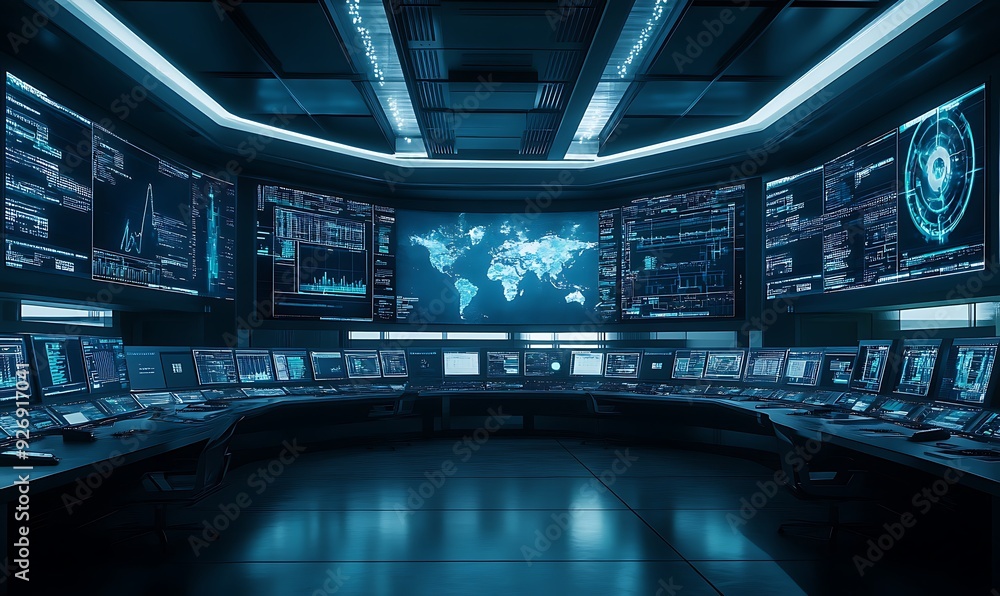 Poster futuristic security control room with real-time threat detection and analysis